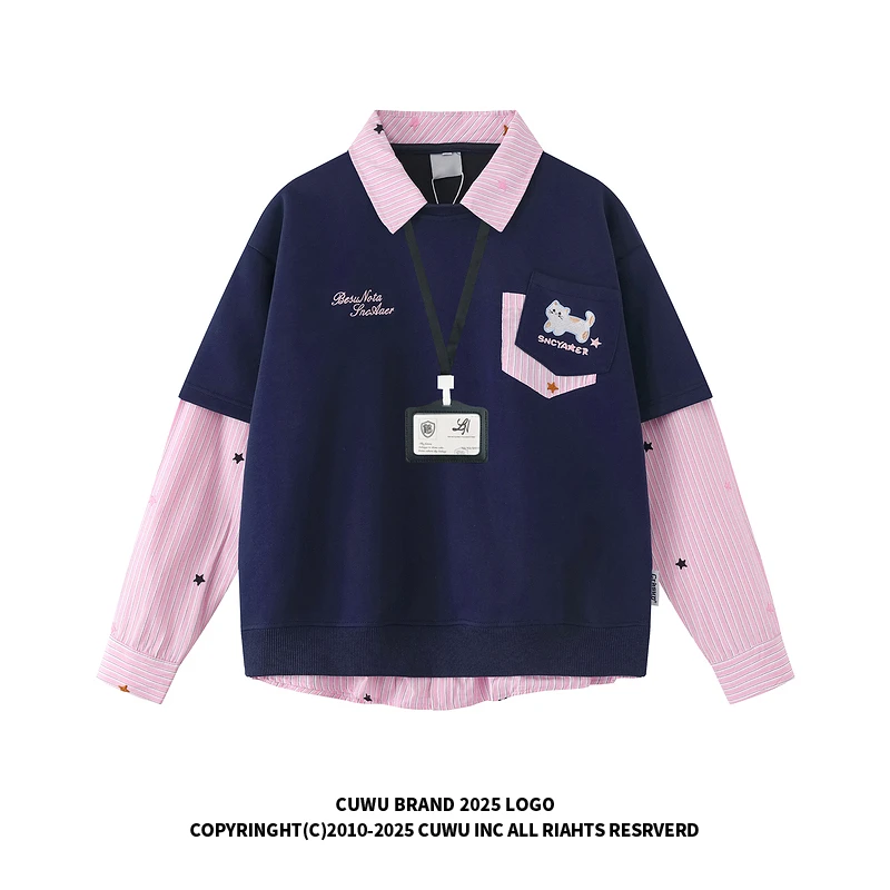 cuwu美式假两件小猫刺绣长袖卫衣女男秋季休闲宽松慵懒POLO领上衣