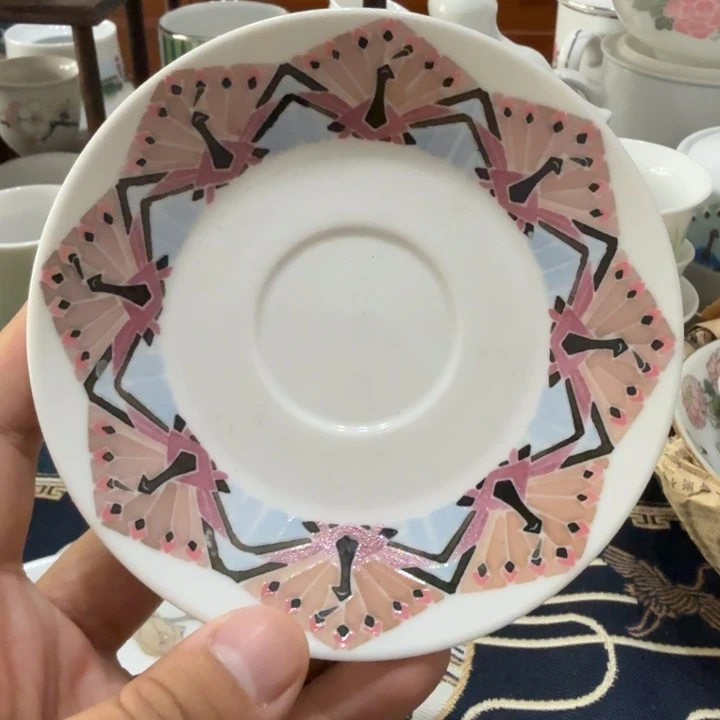 醴陵手绘孔雀杯碟微瑕