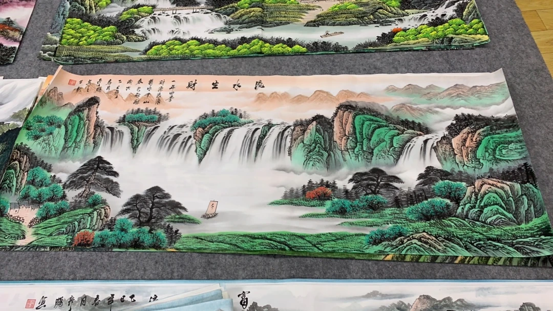 流水生财画芯尺寸：180cm*70cm山水画客厅办公室挂画