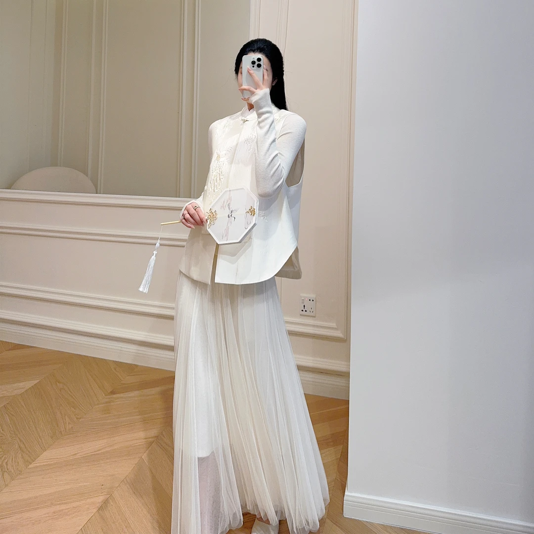 嫚渡内里100%羊毛纯色松紧腰网纱半身裙  法式轻奢休闲百搭半身裙