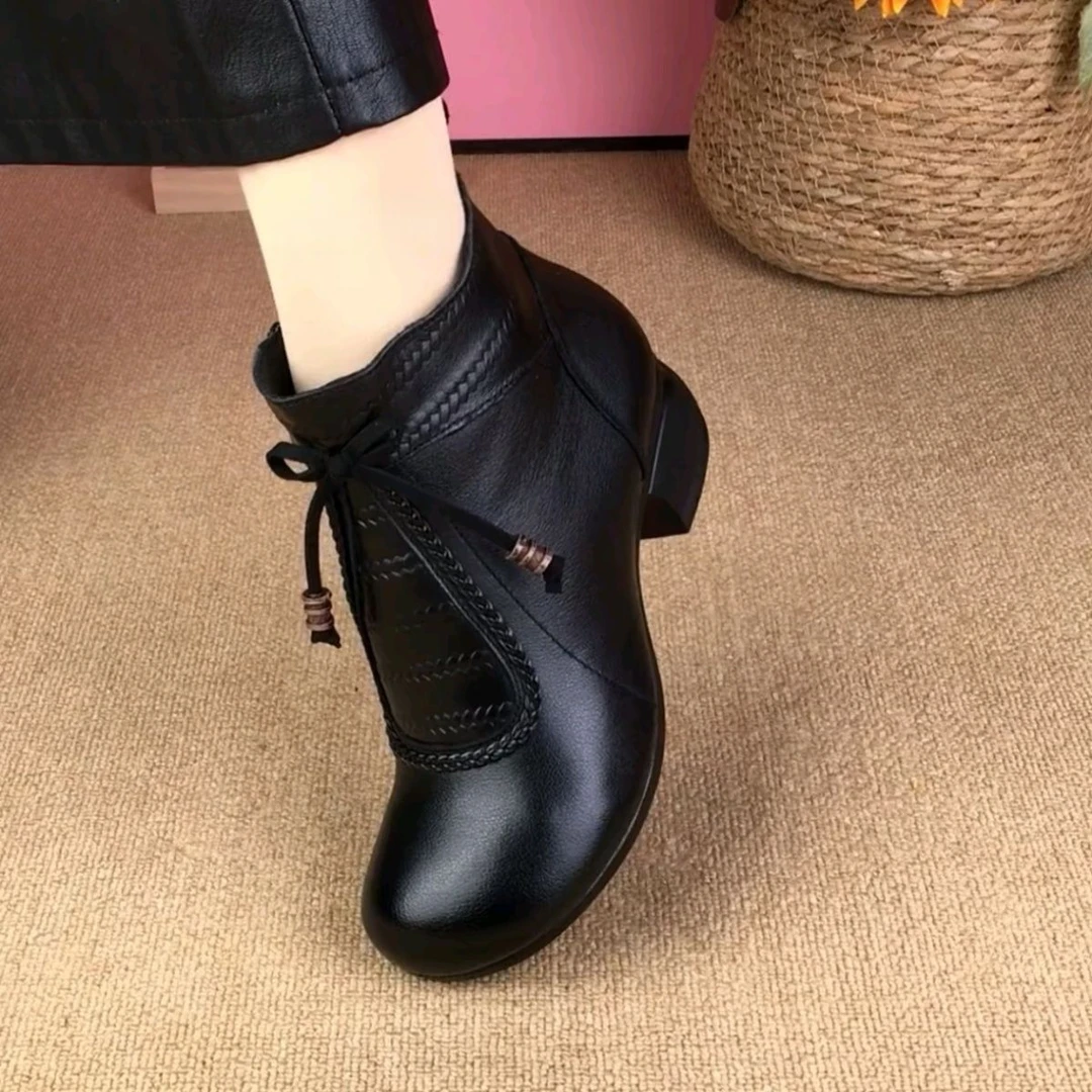 【专柜女鞋】真皮圆头马丁女靴秋冬加绒保暖短靴粗跟厚底时尚单靴