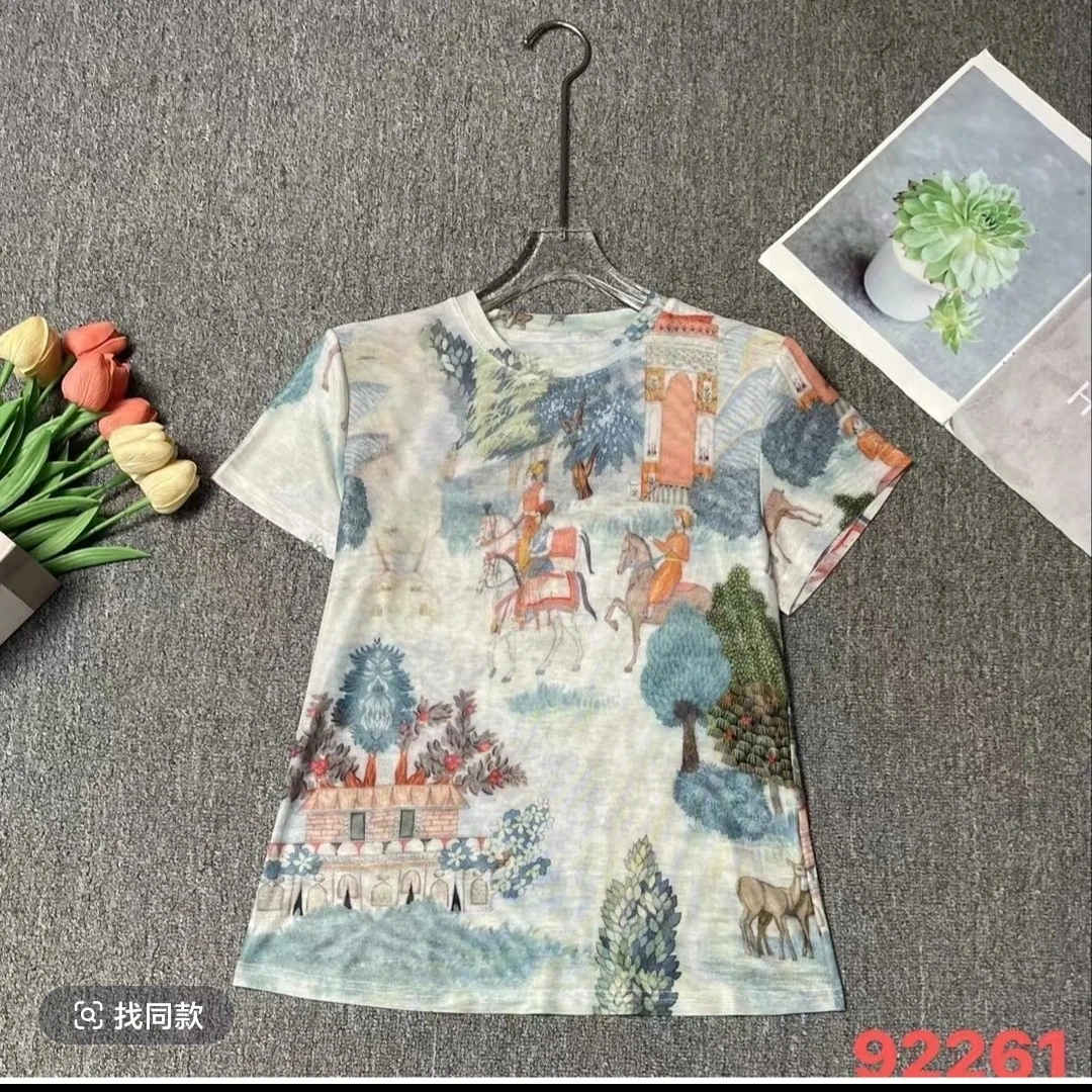 0682辣妹风短袖风景染色印花人物T恤速干宽松欧若风