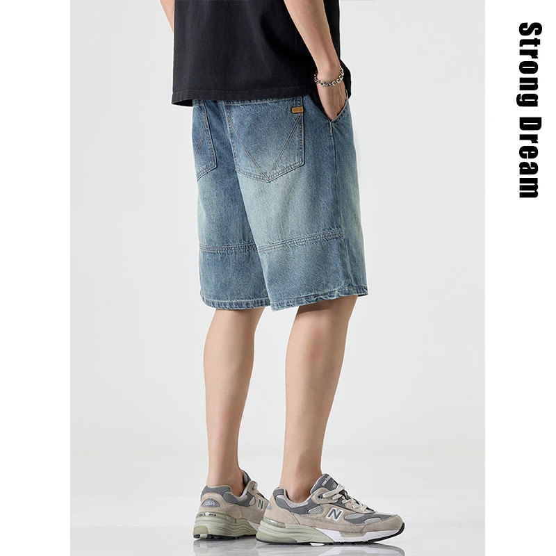 牛仔短裤男士夏季潮牌新款2025高街凉感休闲五分拼接抽绳中裤男生