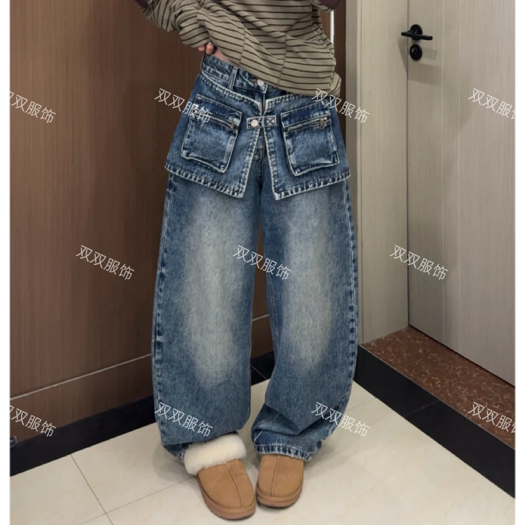 【SSOUHAN】工装口袋屁帘腰封洗水牛仔裤洋气时尚百搭