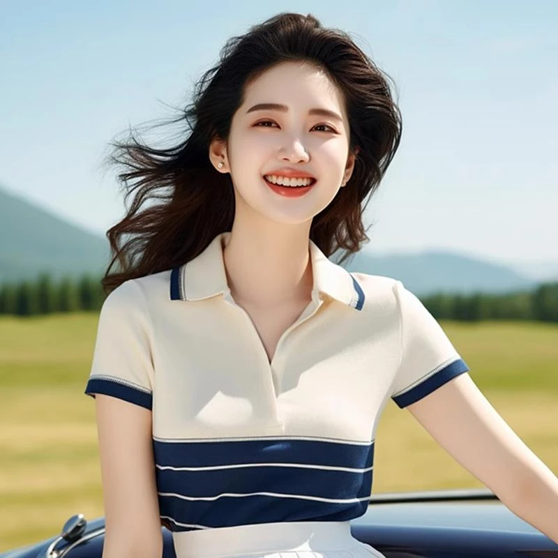 韩系polo领上衣套头减龄条纹设计感t恤显瘦休闲感时尚短袖女夏季