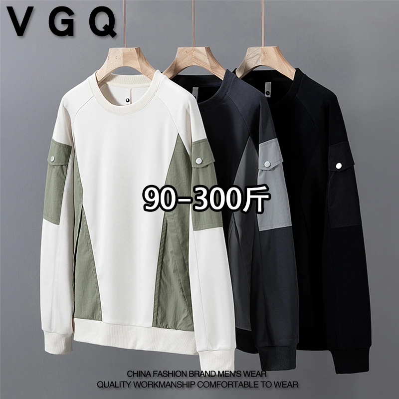 男士春秋季新款拼接撞色翻领卫衣加肥加大宽松型百搭休闲套头长袖