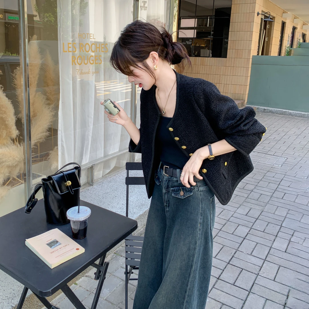 法式黑色小香风短外套女2025秋冬高级千金感简约名媛气质圆领上衣
