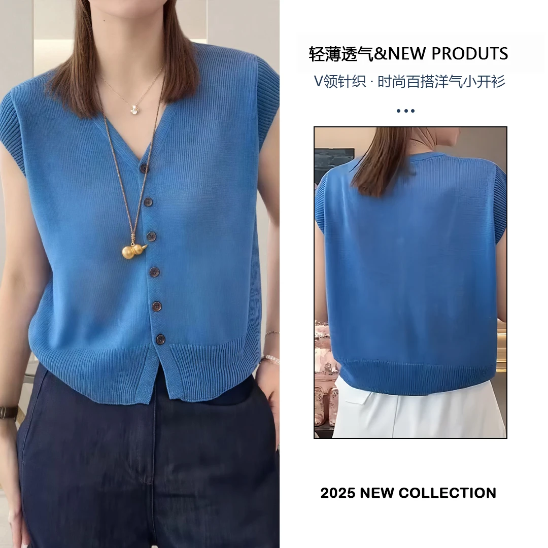 夏季简约纯色单排扣气质V领针织短袖T恤2025时尚开衫气质小众女装