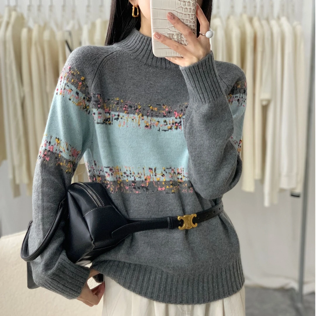 【芊荨精选】2024秋冬新款时尚百搭撞色提花半高领针织衫S395#