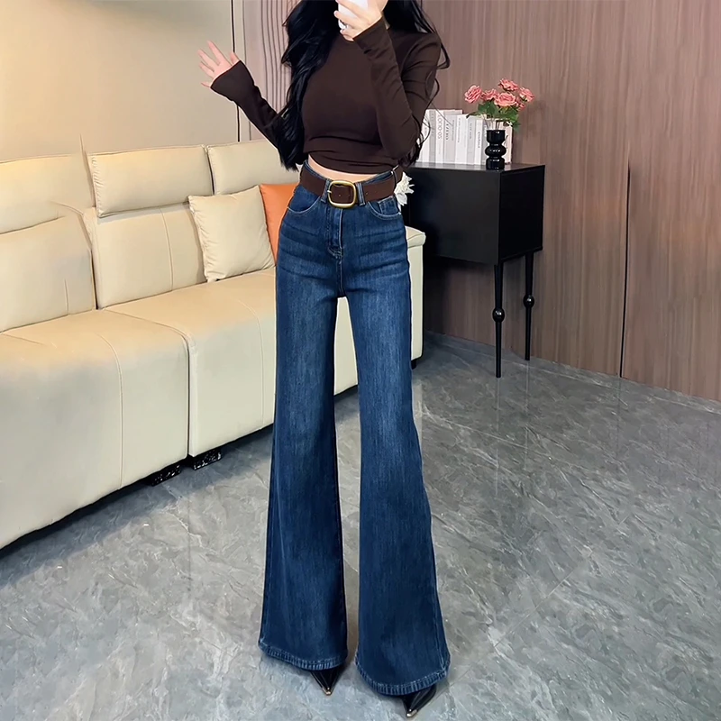 蓝色气质百搭加绒微喇牛仔裤女2025冬季新款高腰不贴腿喇叭拖地裤