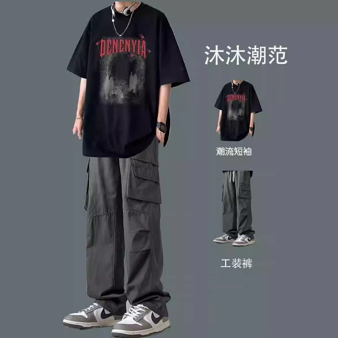 痞帅男生夏季潮牌短袖t恤套装男款青少年学生休闲一套搭配工装裤