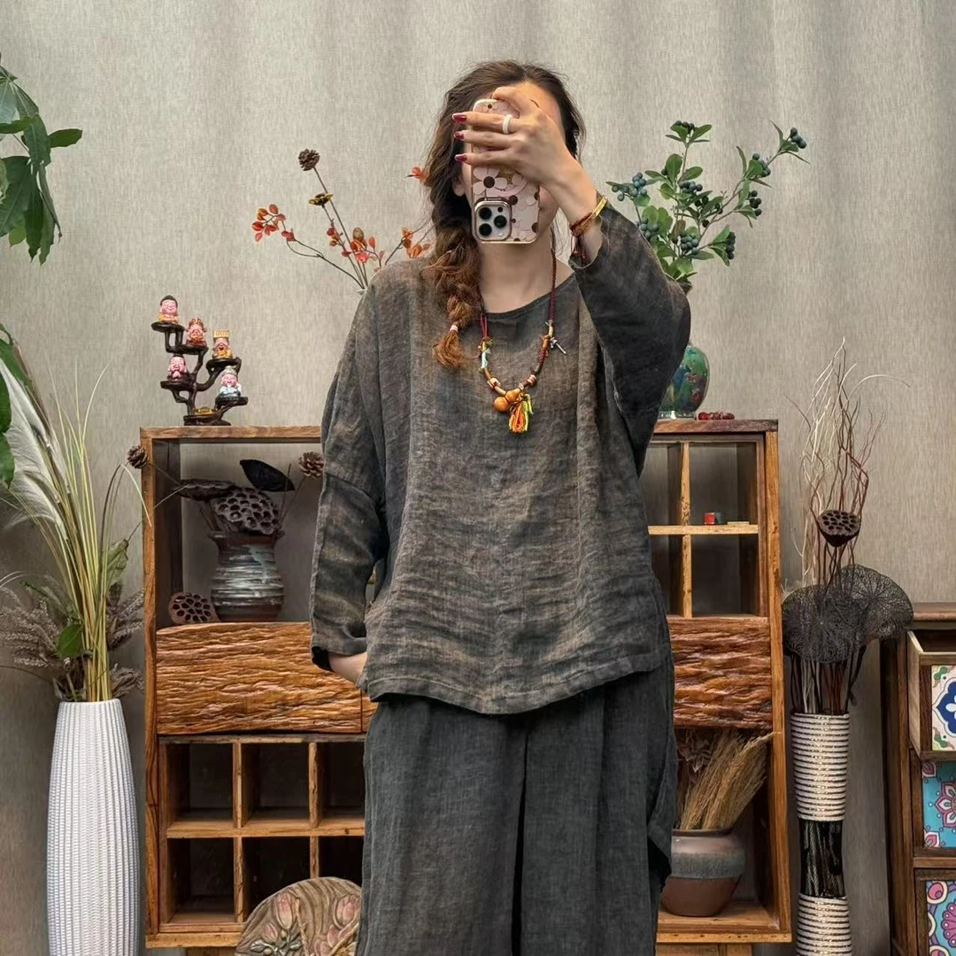 花璟与麻原创设计复古炒色脏染前短后长上衣（衣长60-89胸围140）