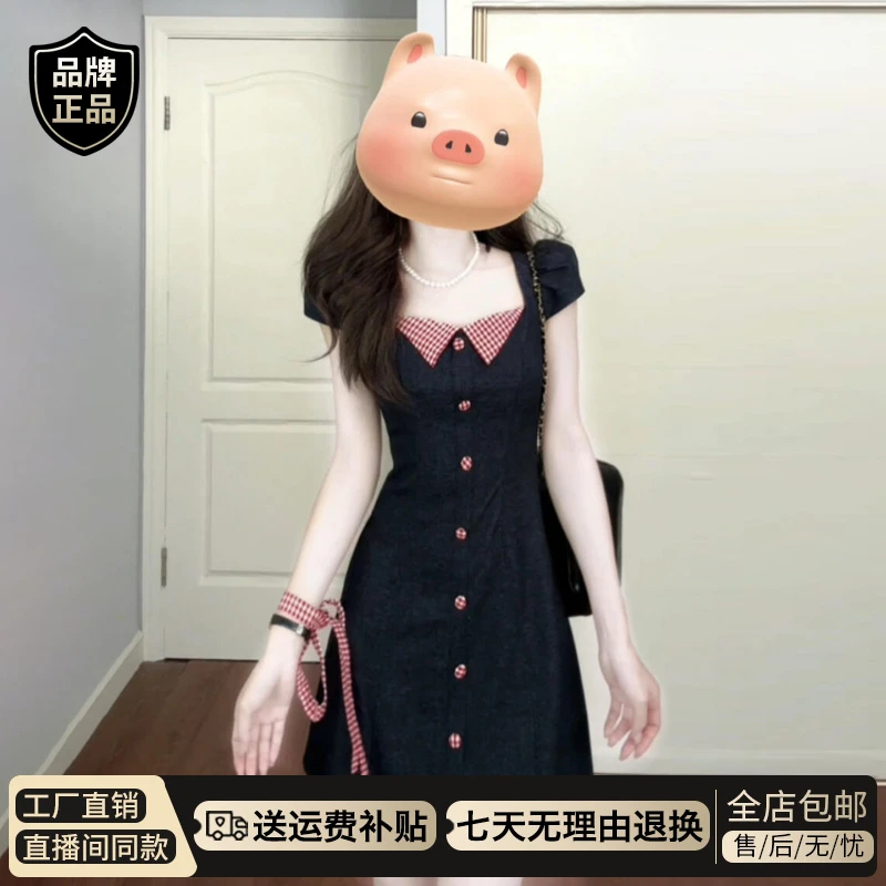 韩系复古撞色方领泡泡袖连衣裙女夏季2026新款小个子掐腰显瘦短裙