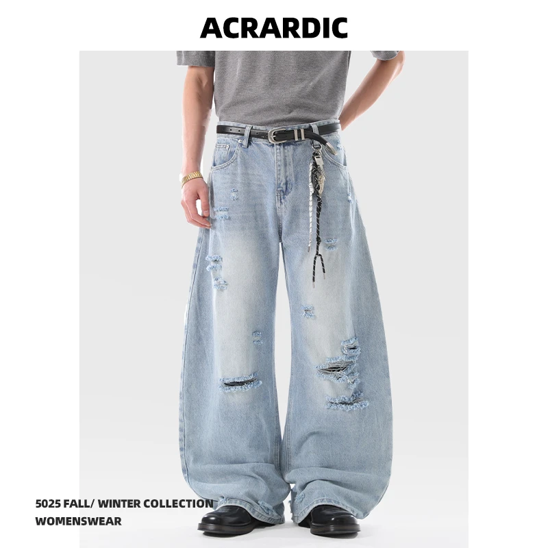 ACRARDIC街头美式破洞牛仔裤男痞帅复古vibe水洗浅蓝宽松裤子个性