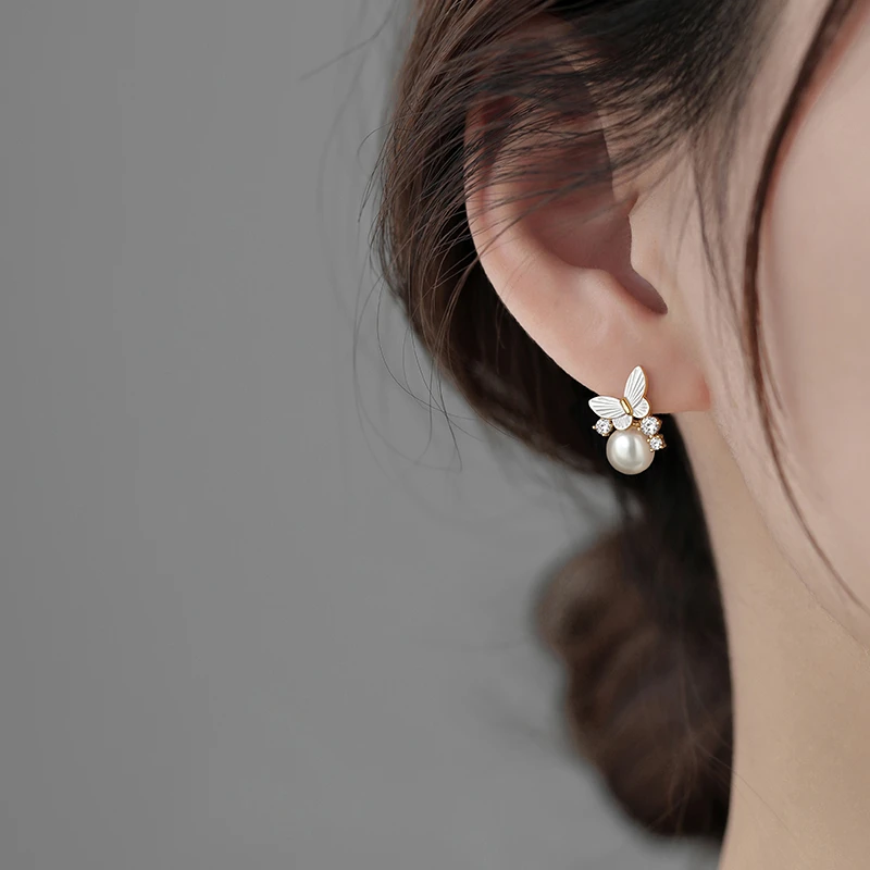 足银仿珍珠耳饰 999银针蝴蝶耳钉小众设计甜美轻奢气质精致耳环女