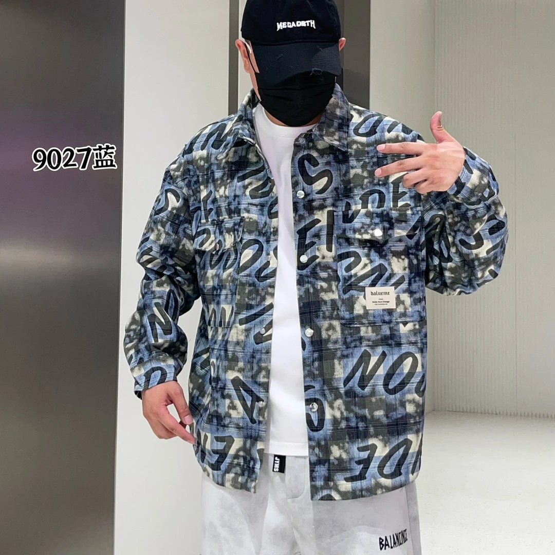 男装宽松春秋落肩袖潮流翻领时尚上衣牛仔重磅外套休闲印花JY9027