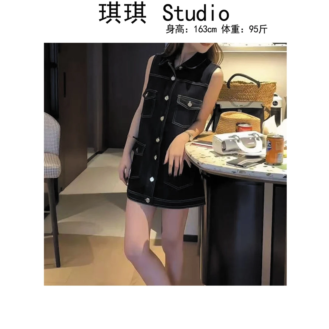 《琪琪家》夏季新款气质时尚复古翻领单排扣显瘦减龄牛仔裙1839-H