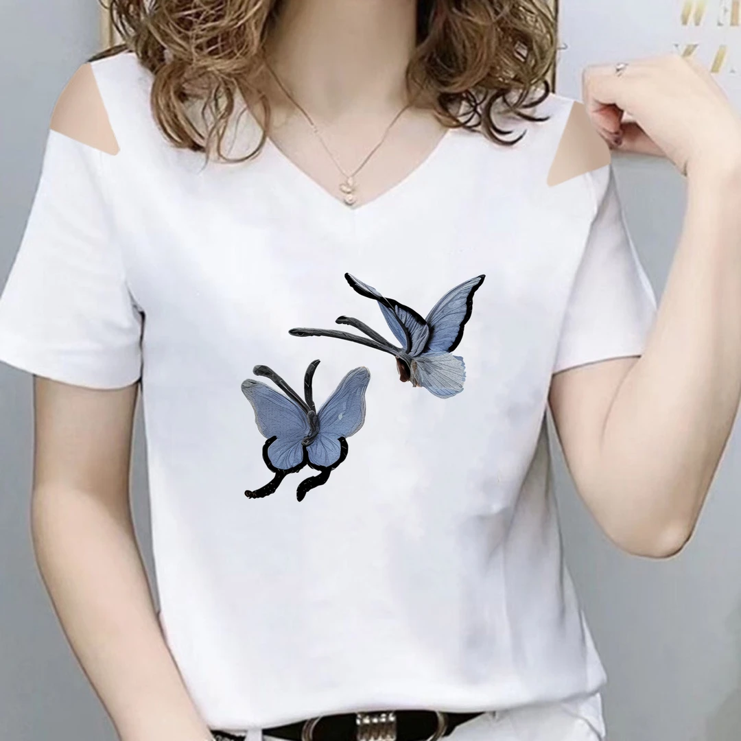 2025新款正肩短袖t恤女v领不规则设计感短款女人味上衣洋气体恤