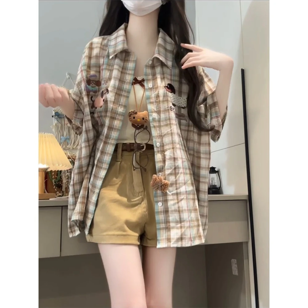 美式趣味小狗毛巾绣格子短袖衬衫女夏季新款宽松休闲衬衣独特上衣