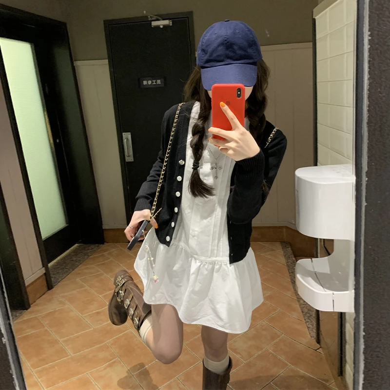 0459韩版高级感甜美白色娃娃领衬衫连衣裙女春季韩系穿搭套装衣服