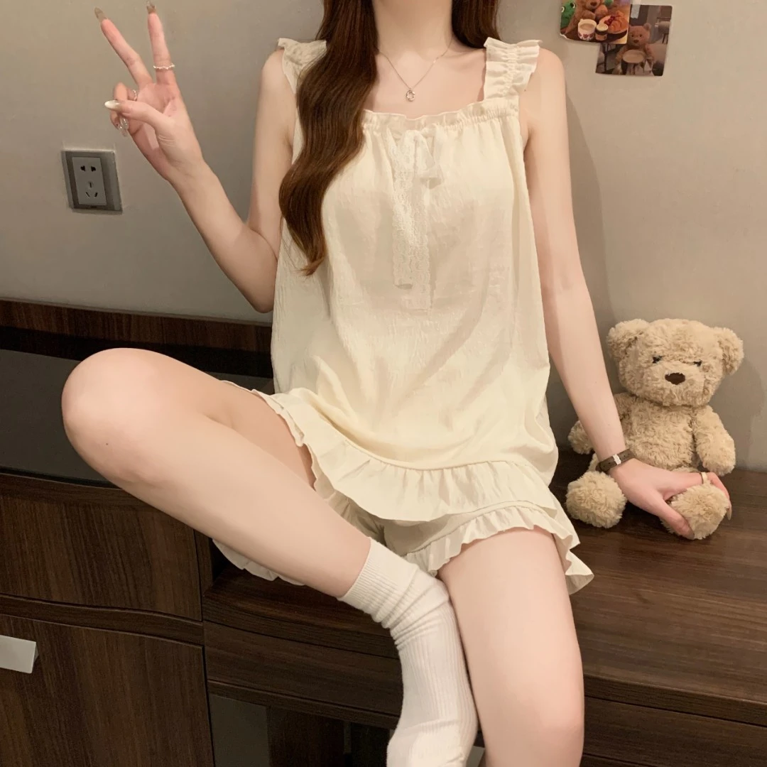 睡衣女款夏季带胸垫甜美可爱宽松舒适吊带短裤夏天女士家居服套装