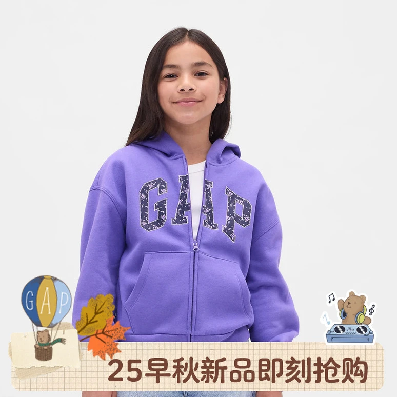 Gap女童2025秋季新款Logo刺绣拉链开衫连帽卫衣儿童装美版824077