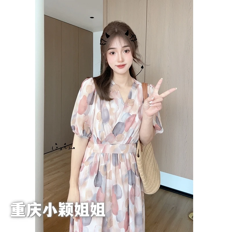 粉色泡泡花连衣裙女V领气质显瘦高级感温柔风短袖中长裙女