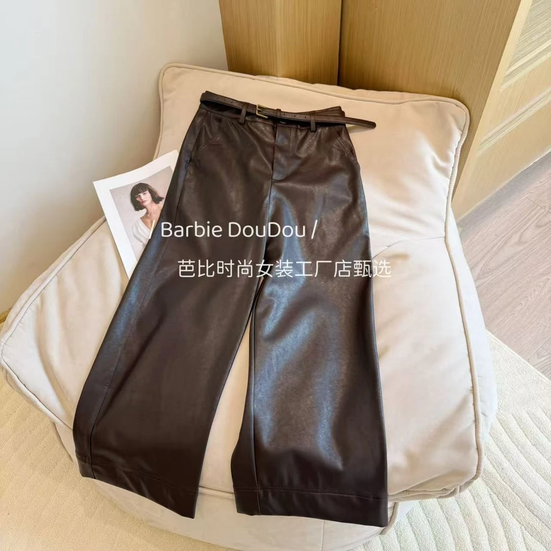 【豆子推荐】6120 秋季新款高腰时尚皮裤气质复古简约裤子直筒韩版