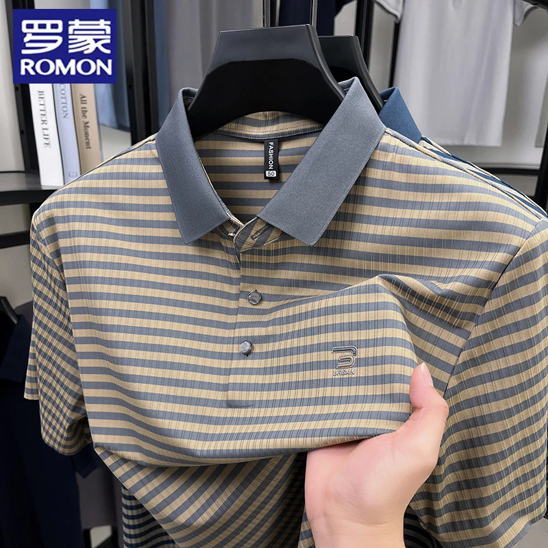 罗蒙夏季男士短袖T恤翻领时尚潮流条纹半袖冰丝无痕短袖POLO衫男
