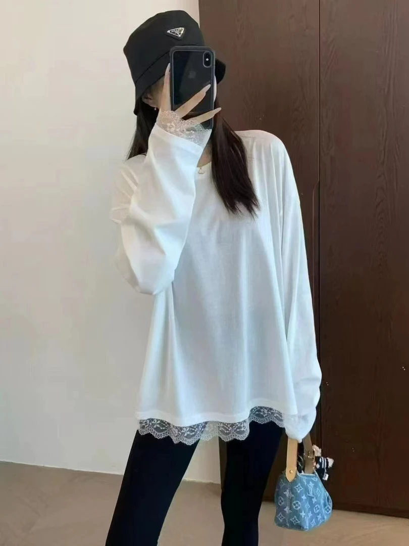 休闲圆领光版打底长袖T恤宽松白色