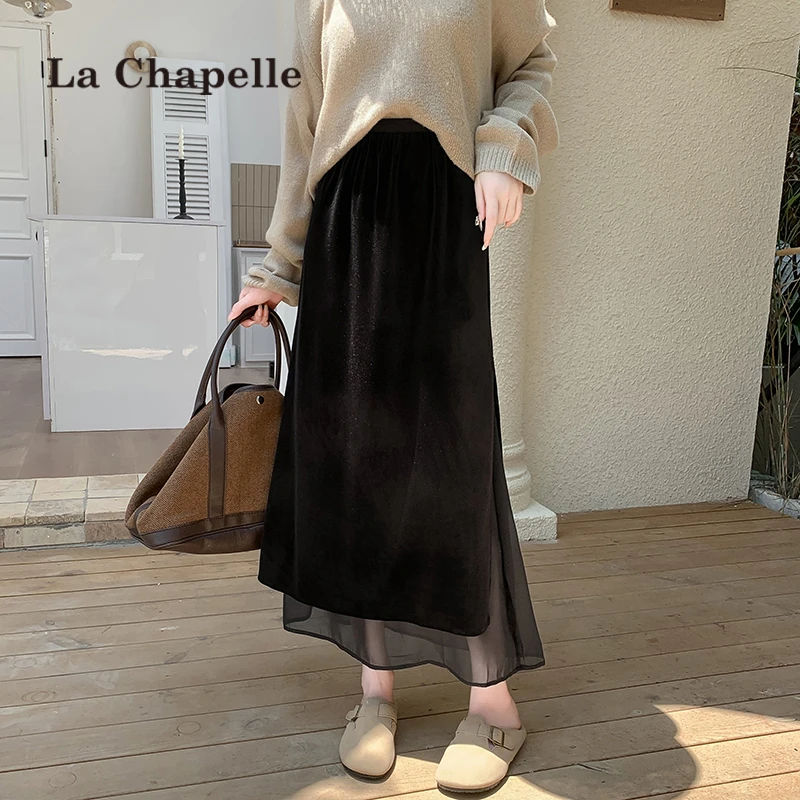 拉夏贝尔金丝绒网纱半身裙女2025秋装新款高腰显瘦a字开叉一步裙