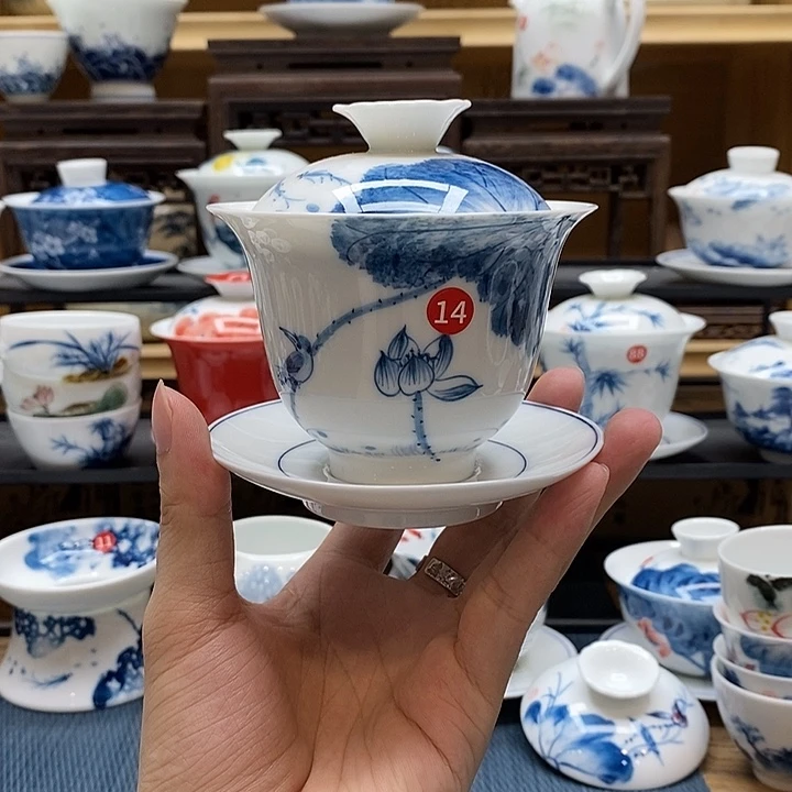 手绘荷花翠鸟160盖碗釉下彩高温瓷微瑕福利款