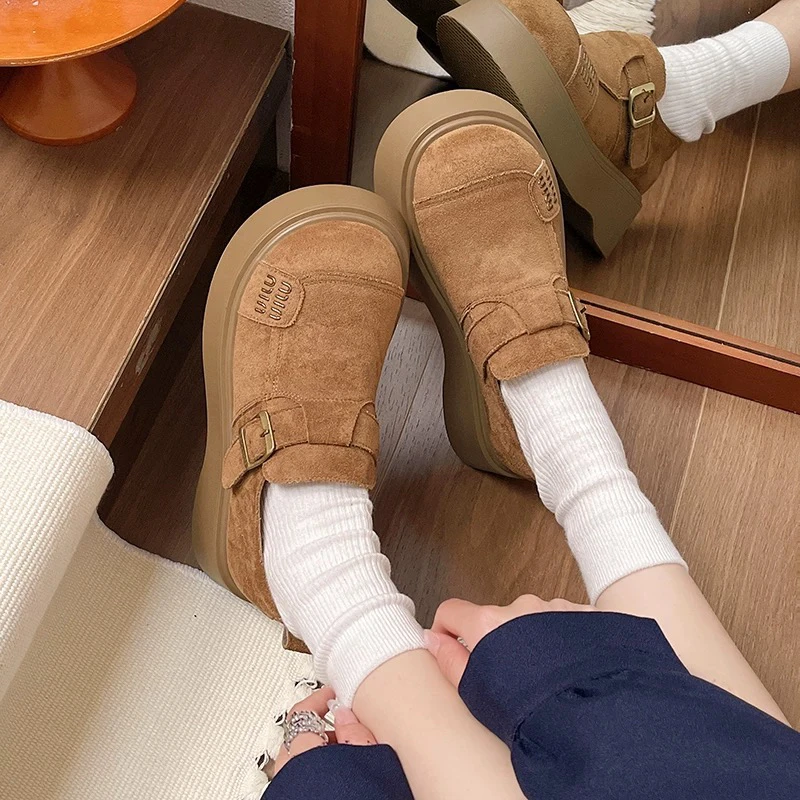 01-179欧货磨砂真皮皮带扣字母厚底小个子博肯鞋单鞋女鞋