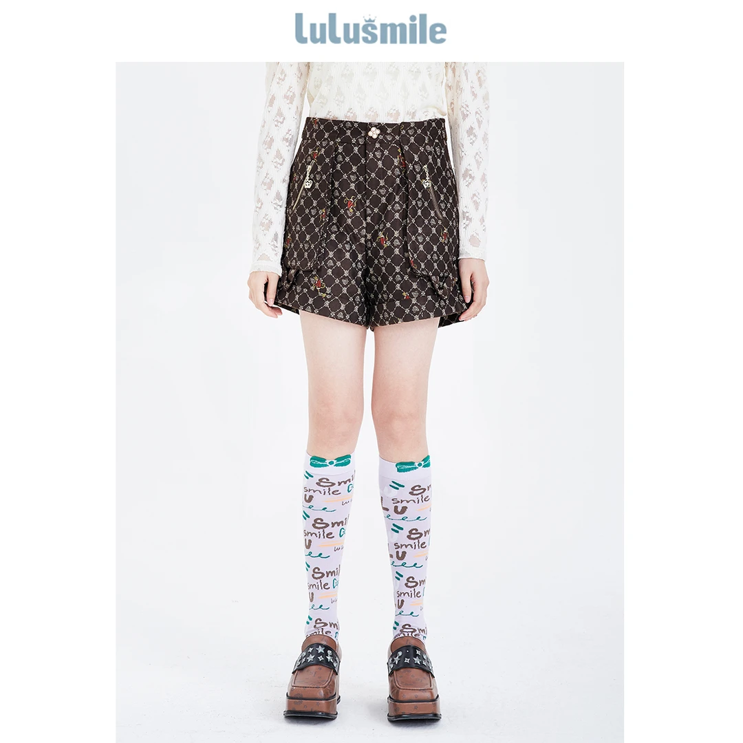 【高高甄选】lulusmile新款风印花咖啡色短裤