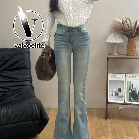 VALVOELITE夏季新款复古直筒微喇牛仔裤女辣妹高腰修身显瘦裤百搭