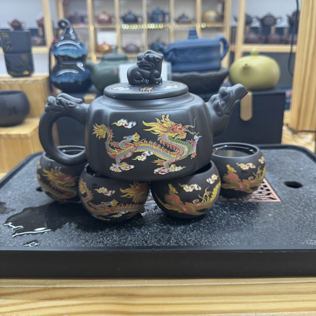 （弟弟专用）紫砂四方壶龙凤呈祥500cc凤鸣变色1壶4杯