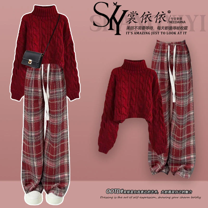 春季时尚套装女2025新款小香风高领针织毛衣系绳修身休闲裤两件套