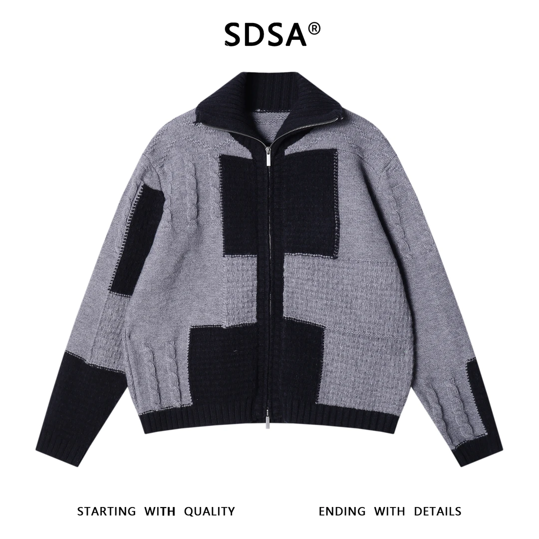 SDSA男士秋冬新款痞帅男装潮牌撞色纽花拉链翻领开衫毛衣百搭时尚