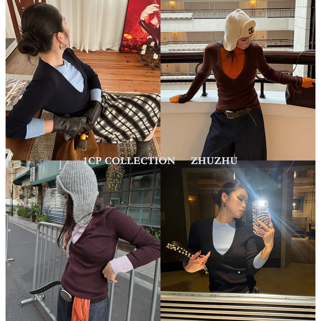 1CP 藏蓝色拉链羊毛假两件女2025冬季新款莓果色长袖针织上衣咖色