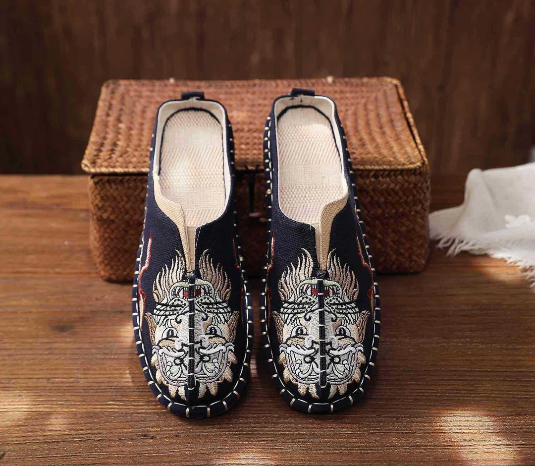【狮豹拖】千层底布鞋男刺绣潮流中国风透气帆布鞋亚麻休闲男鞋