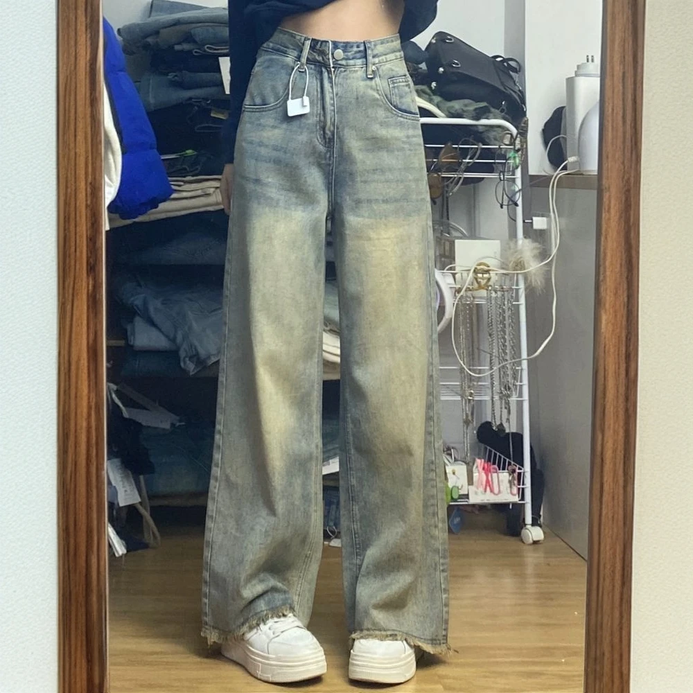 胖mm特大码港味复古做旧毛边阔腿牛仔裤女高腰显瘦宽松直筒拖地裤