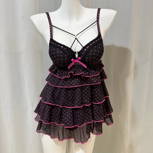 《小蛋糕》黑粉色蕾丝爱心波点内衣套装