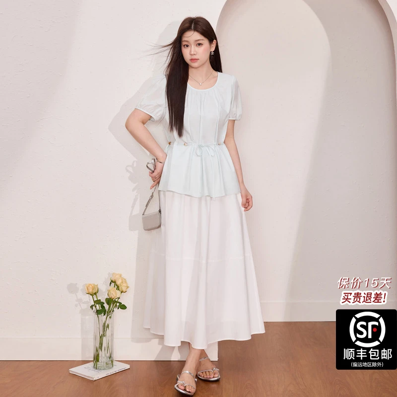 蓝语大码女装欧若风串珠收腰小衫2025夏季显瘦遮肉短袖上衣