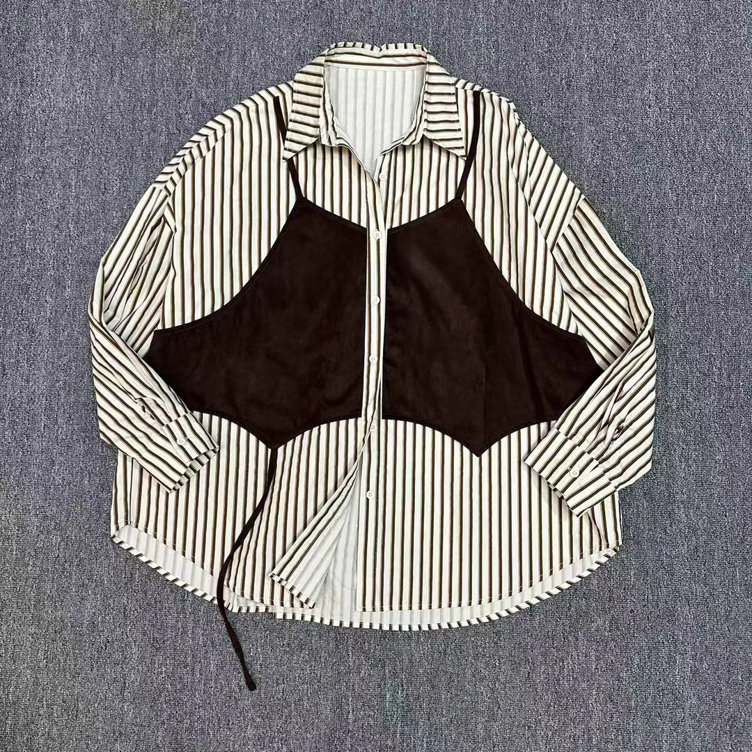 黑屿白/608 后现代春季宽松型长袖条纹衬衫拼接上衣拼色衬衣时尚