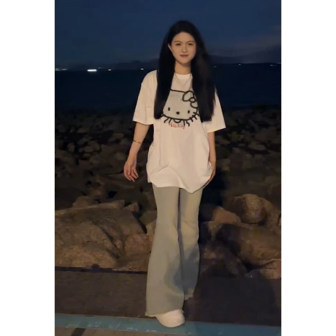 HelloKitty卡通印花短袖一高腰鱼尾辣妹修身毛边拖地长裤一