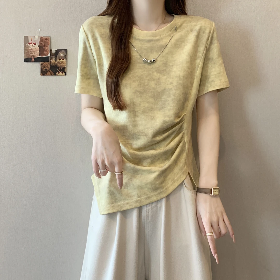 大码胖妹妹不规则扎染正肩短袖T恤女夏季宽松显瘦遮肚子休闲上衣