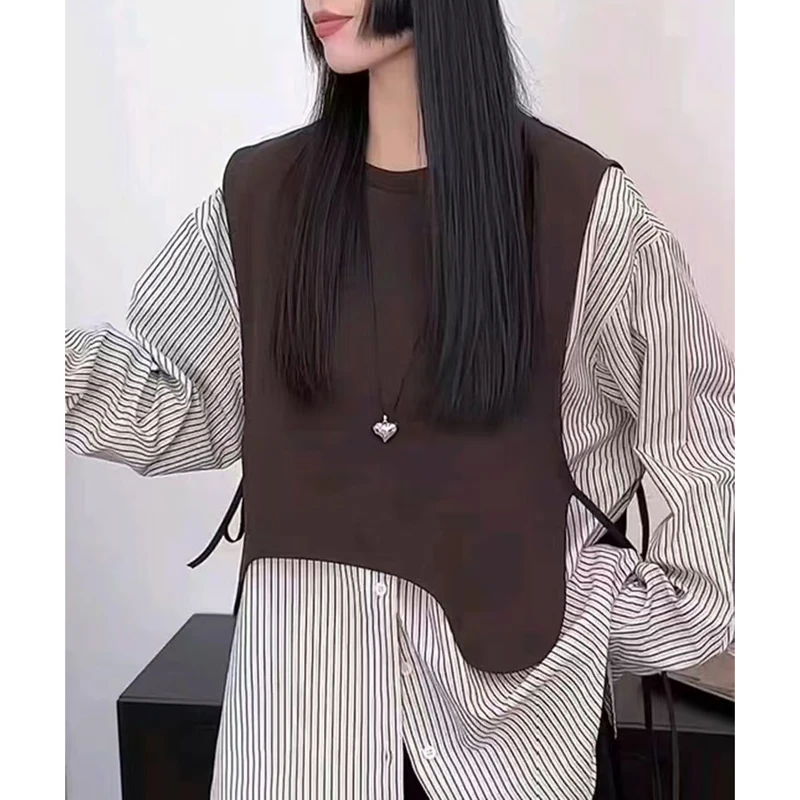 设计感条纹长袖衬衫拼接2025秋季新款中长款假两件上衣 963