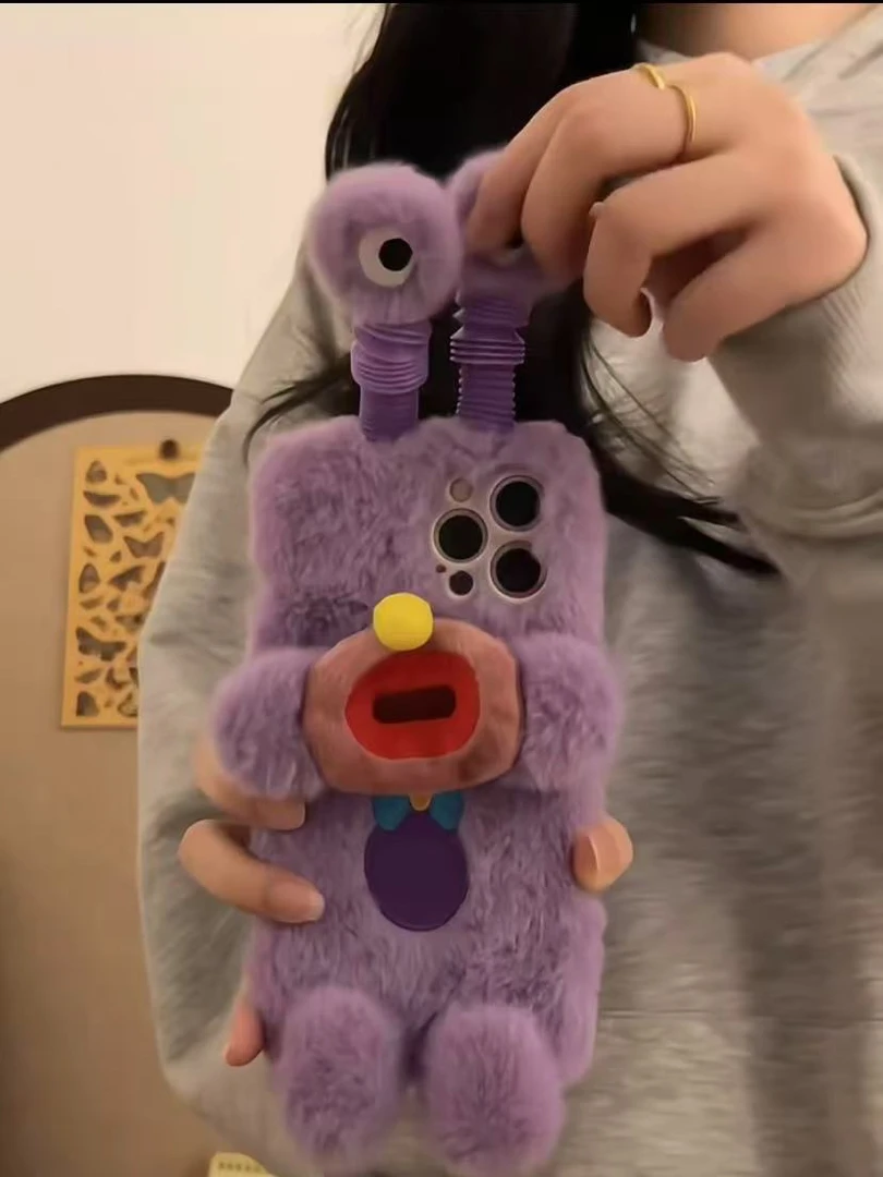 搞怪毛绒紫色伸缩发光小怪物适用iPhone17pro手机壳苹果16pro新15