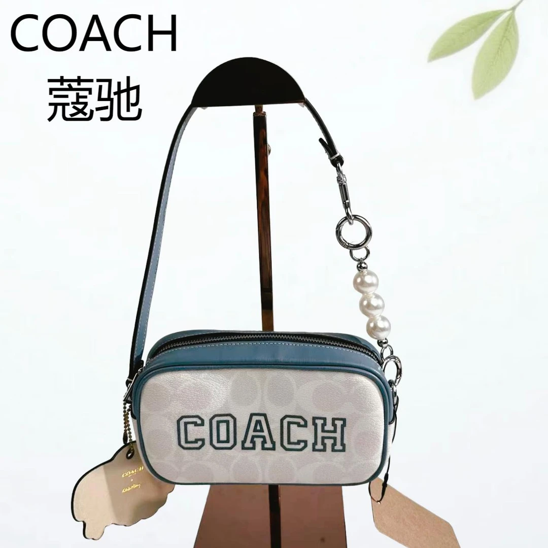 95新 COACH/蔻驰 白老花拼蓝腋下包G25804272底长18X10