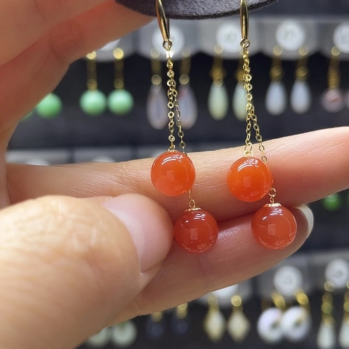 南红玛瑙18K金镶嵌耳饰